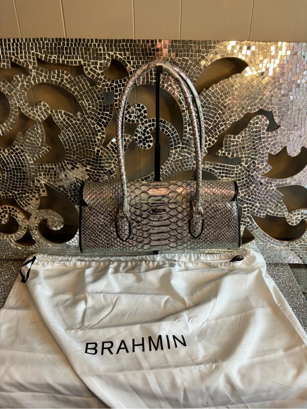 ⭐️Brahmin Metallic Silver‎ Embossed Satchel
